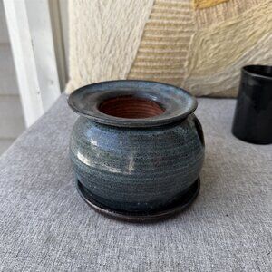 African Violet Pot Self Watering Planter Clay Blue Terracotta Signed Burnett